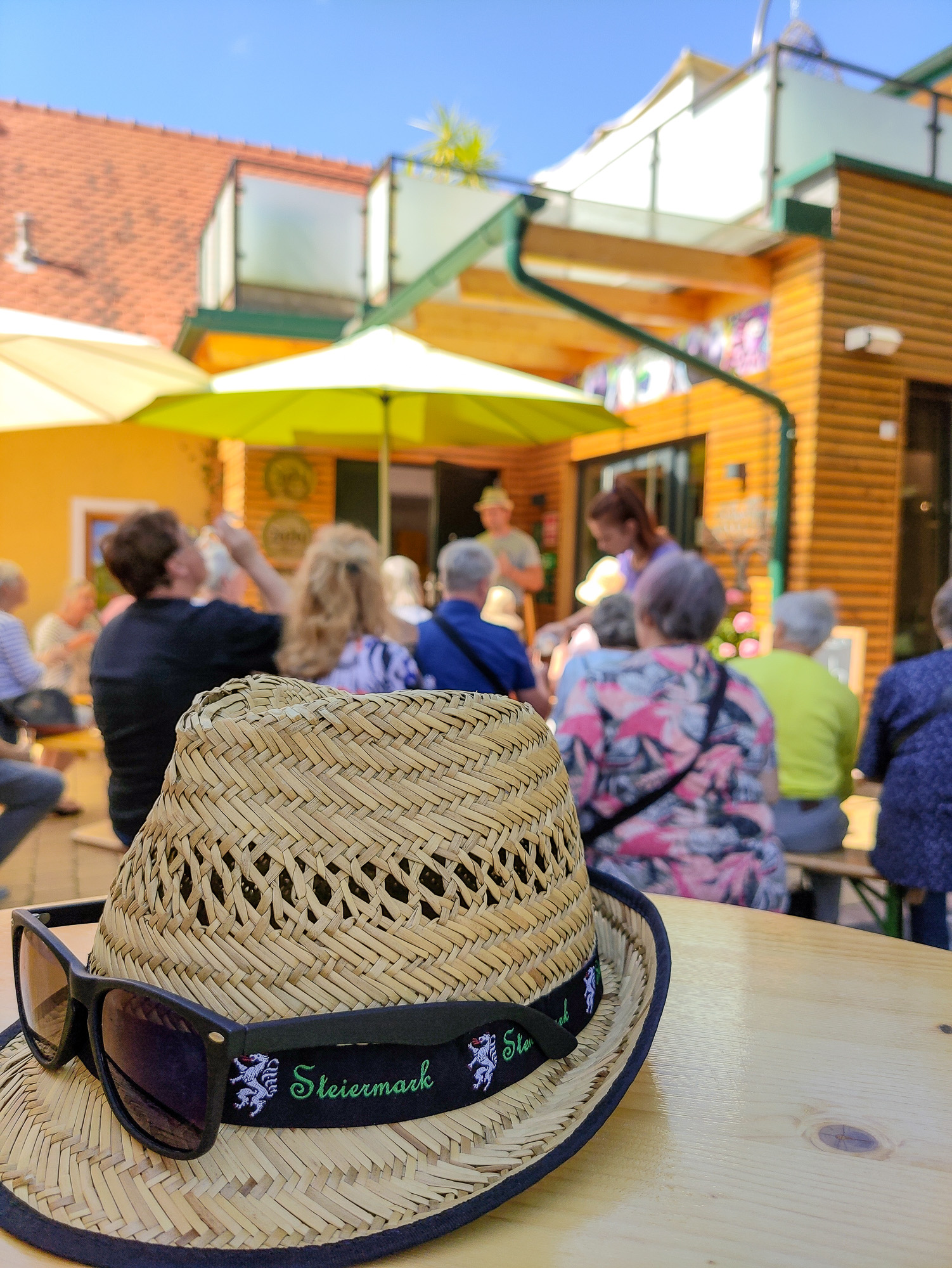 Steiermark-Hut und Sonnenbrille im Vordergrund, im Hintergrund Verkostung beim Aronia-Bauern