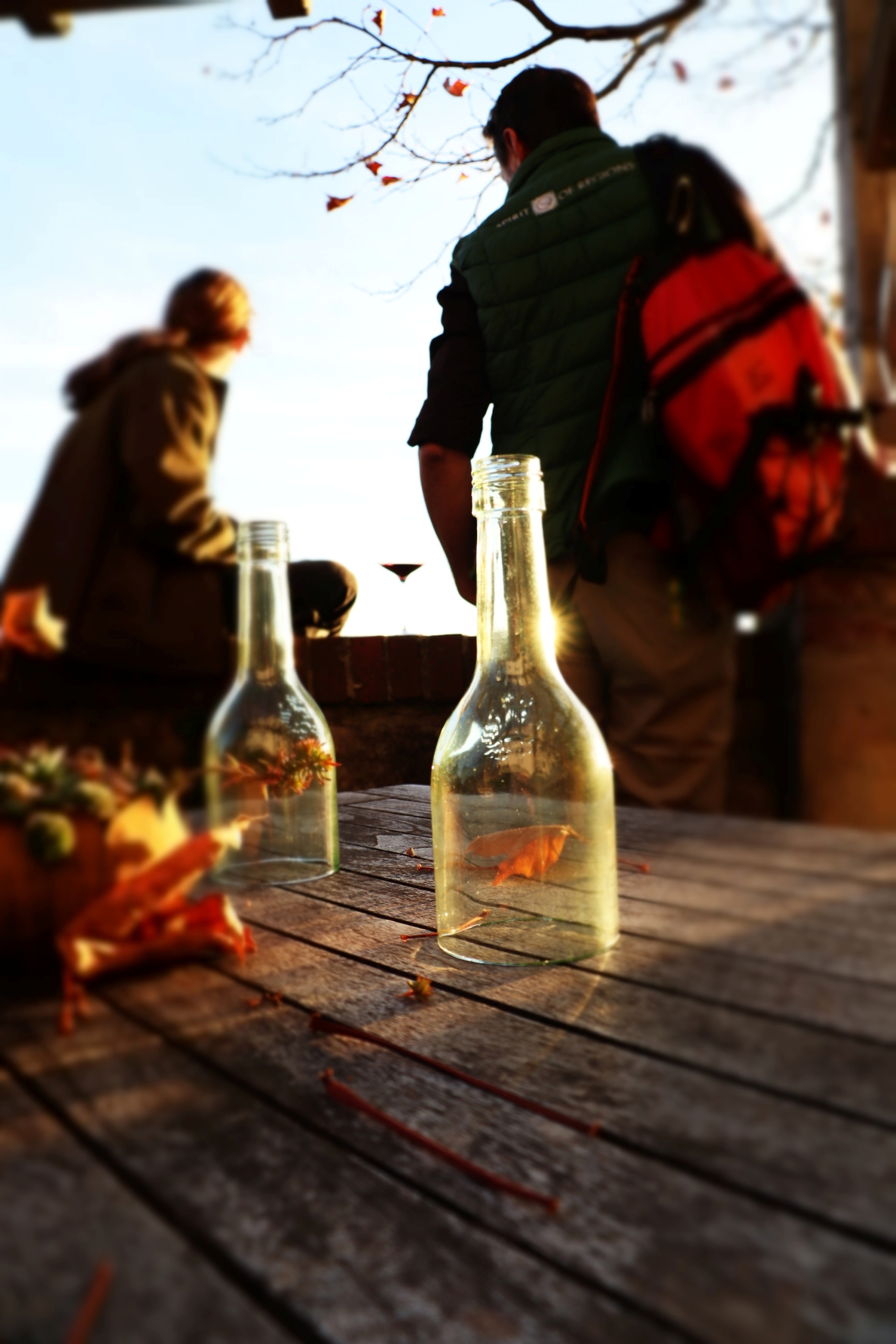 Zwei Männer stehen hinter einem rustikalen Holztisch und schauen sich die Aussicht an