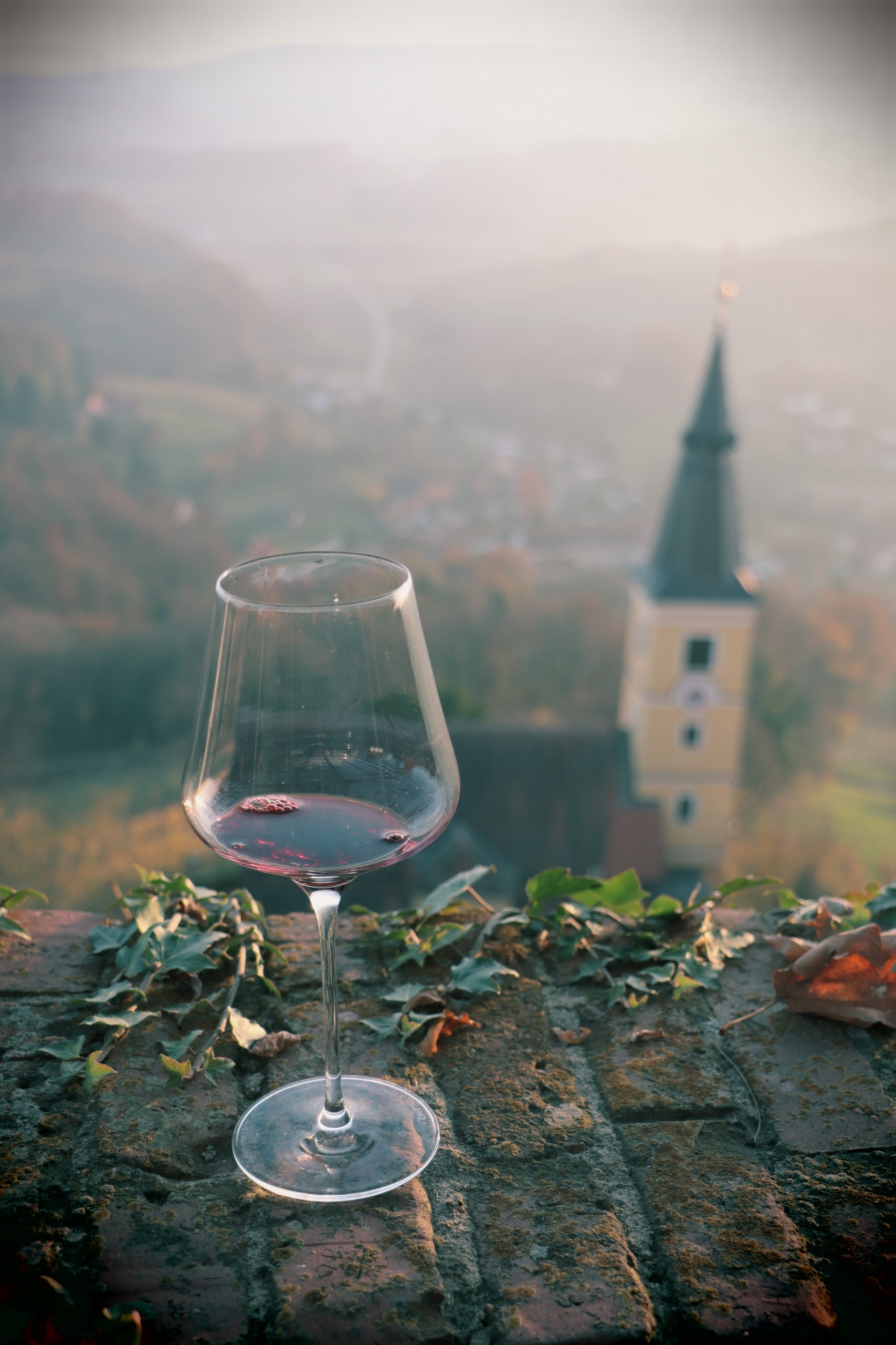 Im Vordergrund steht ein Glas Rotwein auf roten Ziegelsteinen, dahinter sieht man die Kirche von Kapfenstein