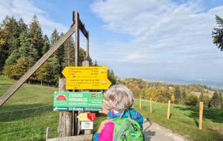 Eine Frau mit grünem Steiermark Rucksack betrachtet die gelben Wegweiser auf der Wanderroute